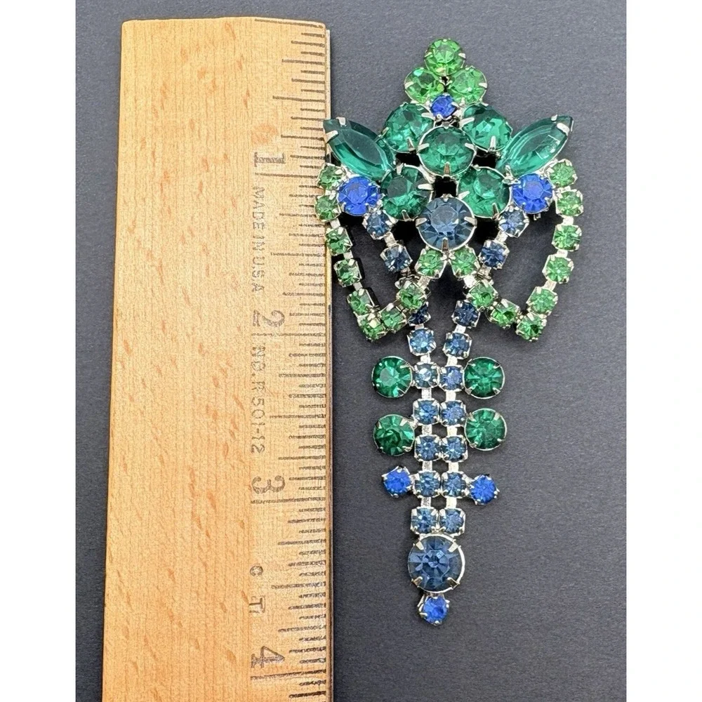 Vintage‎ Blue & Green Crystal Dangle Tassel Brooch Silver Tone Art Deco Style